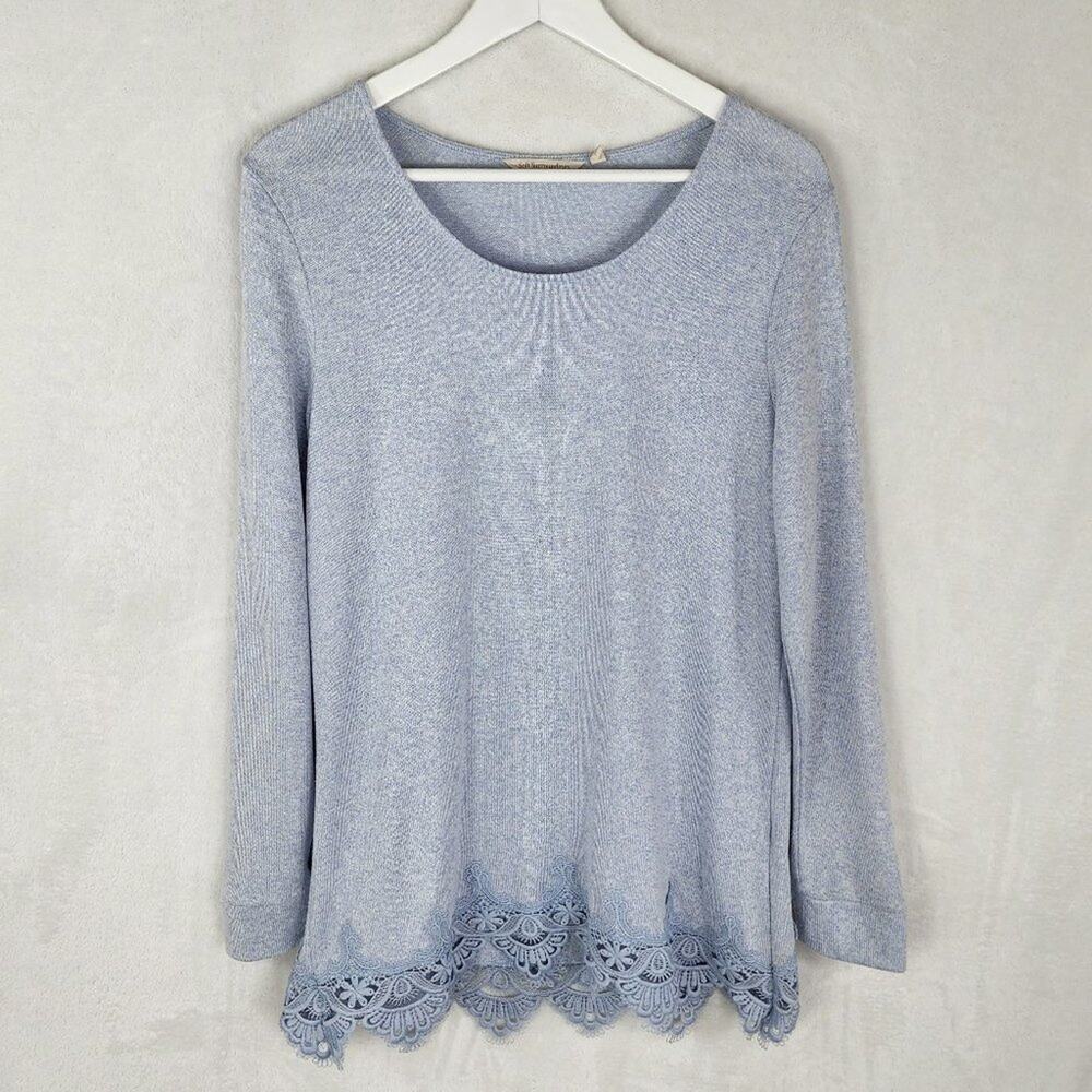 Soft Surroundings Tunic Top Women S Olivia Lace Hem Blue Long Sleeve Soft Knit